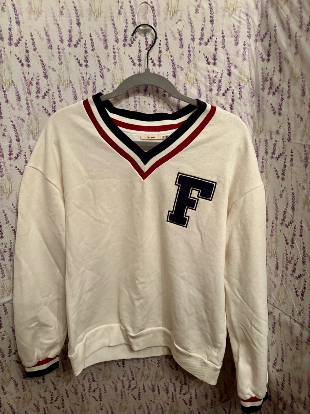 miami White V-Neck Preppy Sweatshirt with Navy, White and Red Trim, F logo